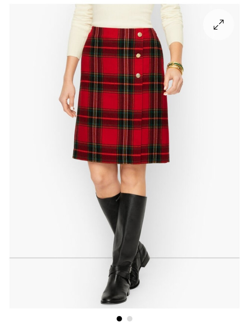 Talbots Women's Red Green Black Holiday Plaid A-Line Short Lined Button Skirt 12